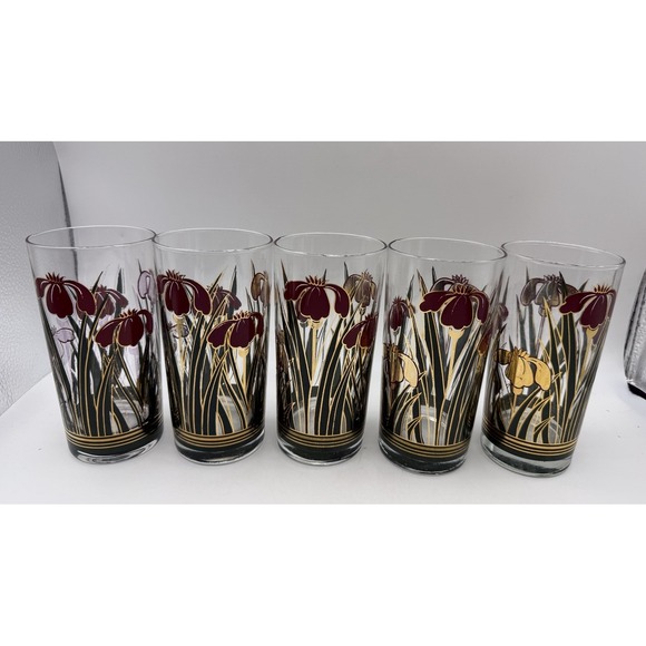 Culver Other - 5 Vintage Culver Iris Cinnabar Highball Glasses Tumbler 22k Gold Irises 5.5"